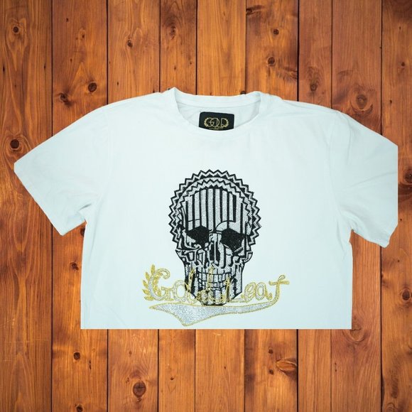 MEN'S GOLD LEAF LOS ANGELES STUDDED‎ RHINESTONE SKULL T-SHIRT XL ~ WHITE - Picture 2 of 5